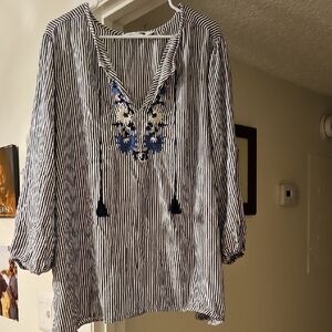 Old Navy Black and White Striped Blouse with Blue Embroidery
